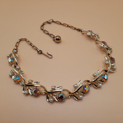 Vintage Light Topaz Rhinestone Choker Necklace, Faux Pearls, 1950s, 15 In