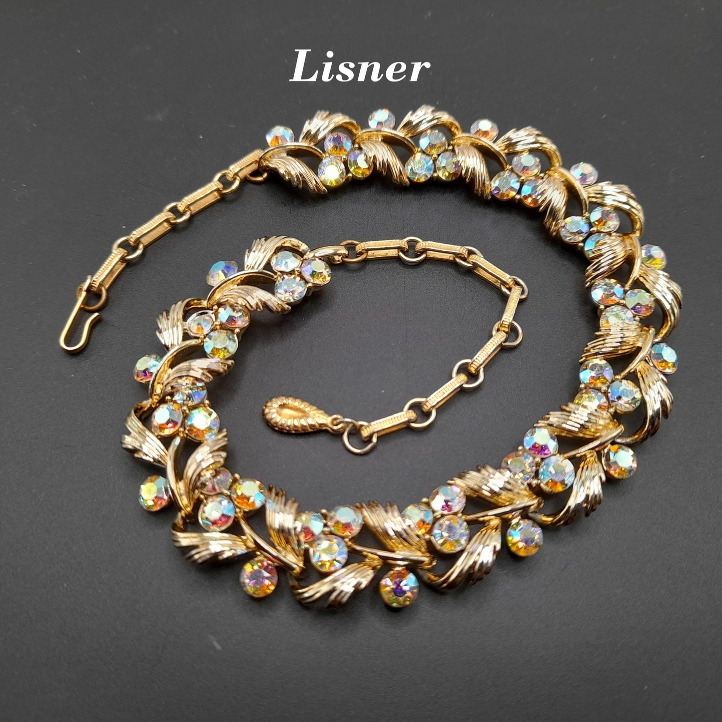 Vintage Lisner Aurora Borealis Rhinestone Choker Necklace, Gold Tone, 1950s