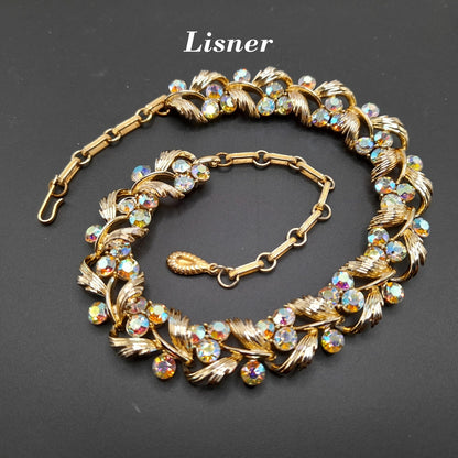 Vintage Lisner Aurora Borealis Rhinestone Choker Necklace, Gold Tone, 1950s