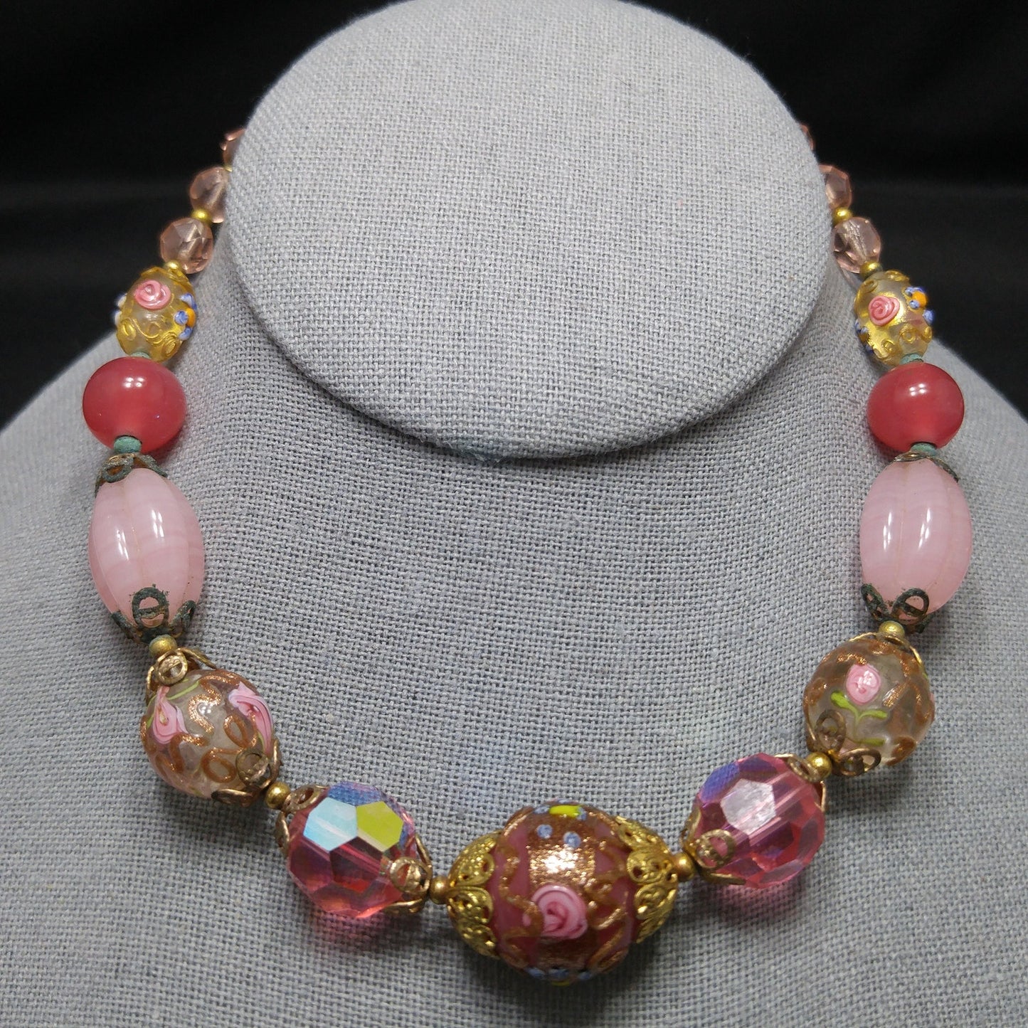Wedding Cake Pink Choker Necklace, Crystal & Molded Beads, 1940s Vintage Jewelry