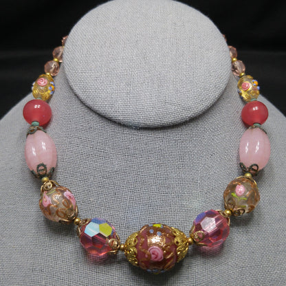 Wedding Cake Pink Choker Necklace, Crystal & Molded Beads, 1940s Vintage Jewelry