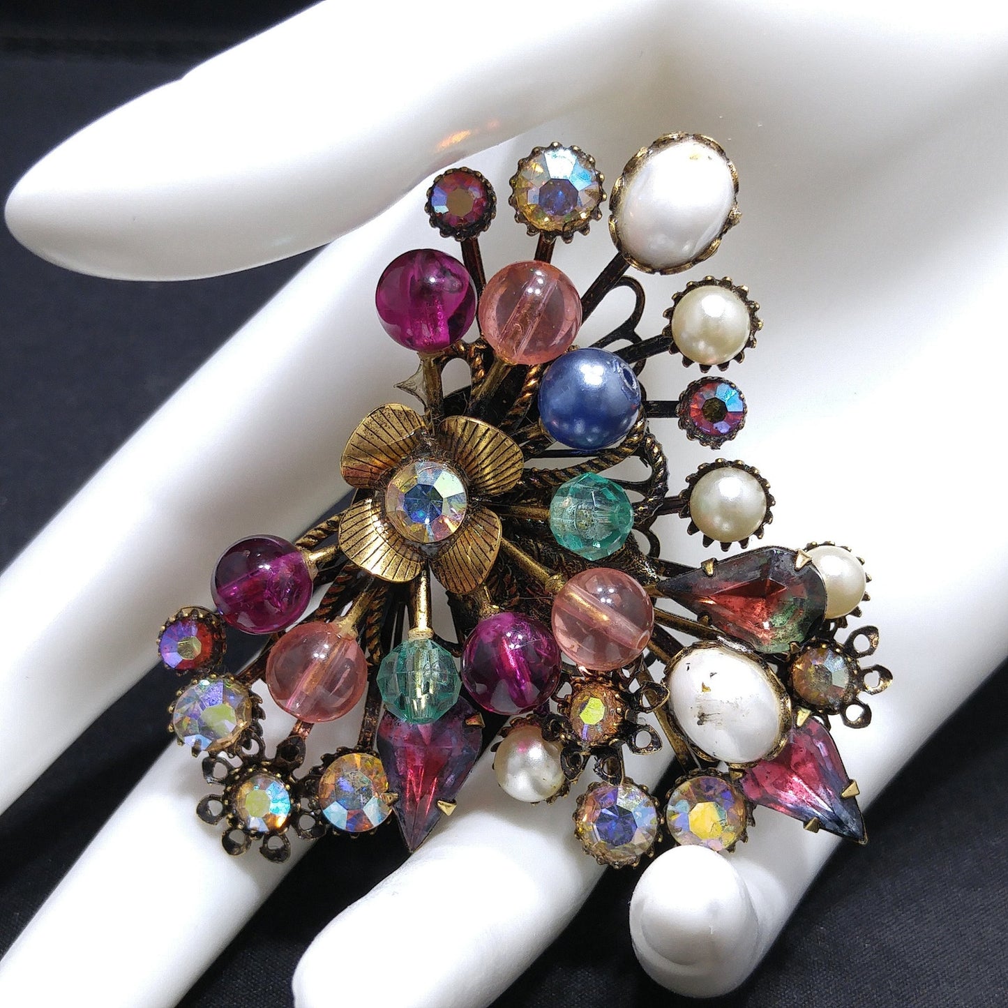 Mid-century Floral Beaded Riveted Brooch, Rhinestones Beads Prongs, 1950s Vintage Jewelry