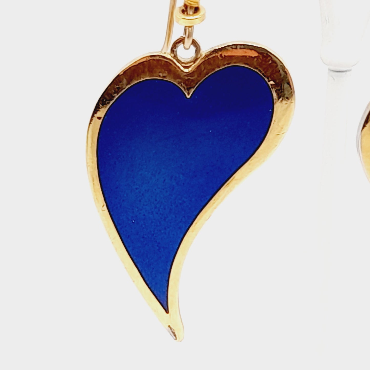 Vintage Laurel Burch Heart Dangle Earrings, Blue Enamel, Gold Plated, 2 Inches