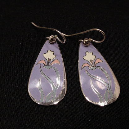 Laurel Burch "Wild Iris" Cloisonne Earrings, Lavender Enamel, White & Pink Flower, Rhodium Plate, 1980s Vintage Jewelry