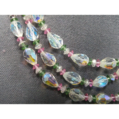 Vendome Crystal Aurora Borealis Pastel Beaded Necklace, 3 Strands Pink Green Crystal Beads, 1960s Vintage Jewelry