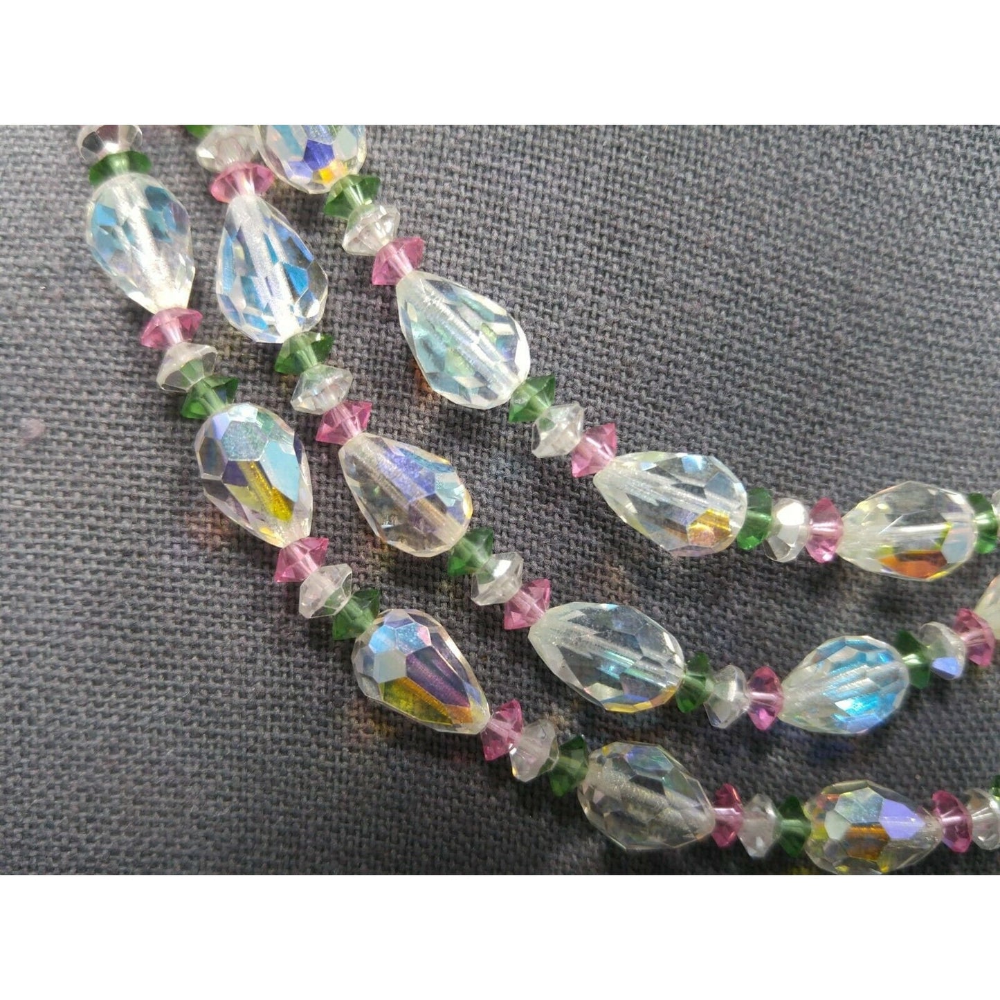 Vendome Triple Strand AB Crystal Necklace Pastel Pink Green Beads Vintage 1950s