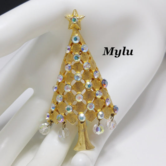 Vintage MYLU Christmas Tree Brooch – AB Rhinestones, Dangling Crystals, 1960s