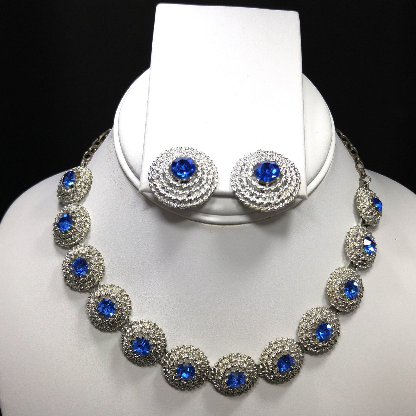 Blue Rhinestone Necklace Clip Earrings, Rhodium Plated Links, 1950s Vintage Jewelry