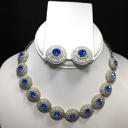 Blue Rhinestone Necklace Clip Earrings, Rhodium Plated Links, 1950s Vintage Jewelry