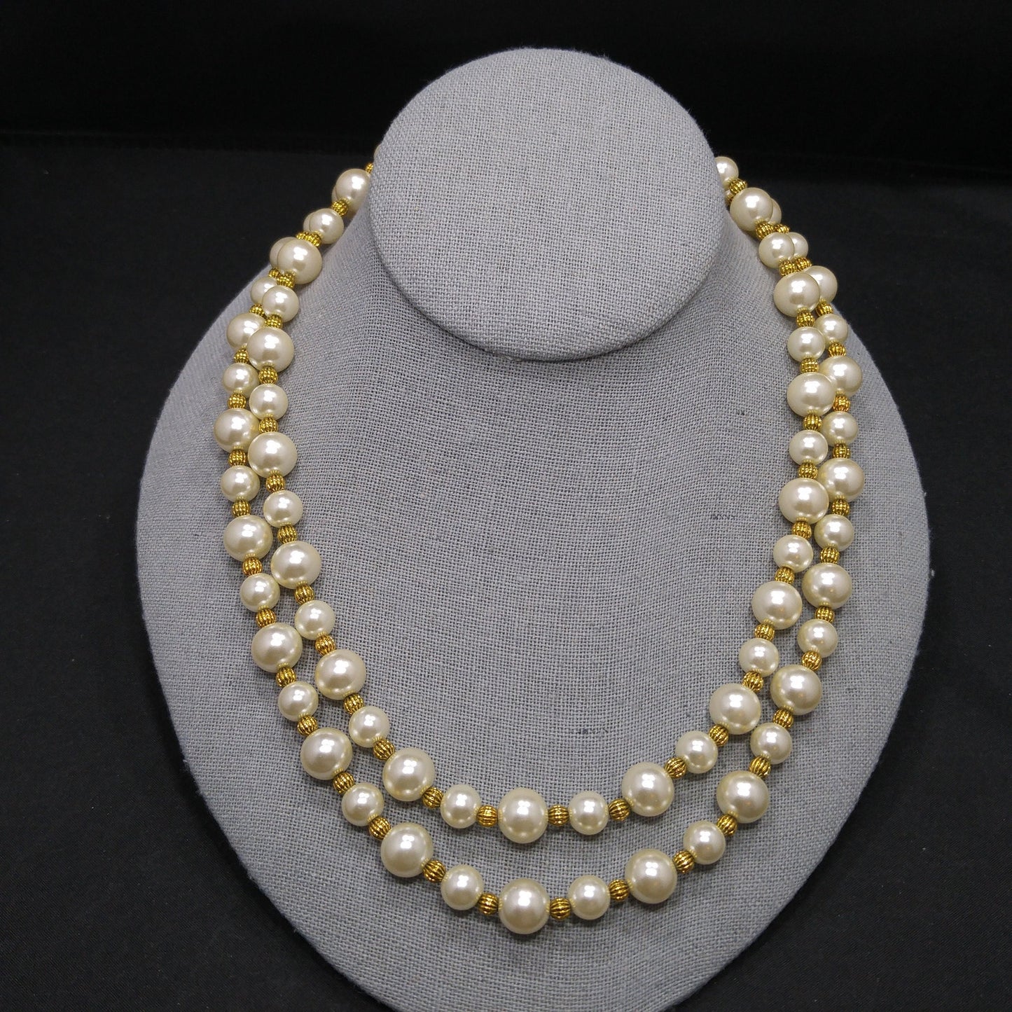 Jackie Kennedy JBK Faux Pearl Necklace – Double Strand Gold Spacers, 1980s Vintage