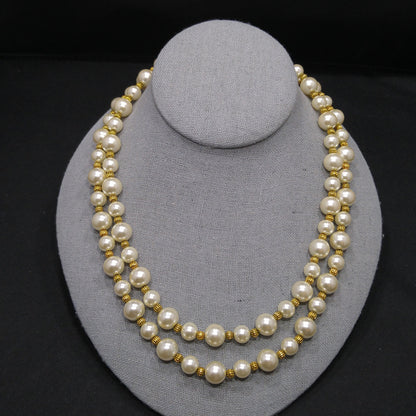 Jackie Kennedy JBK Faux Pearl Necklace – Double Strand Gold Spacers, 1980s Vintage