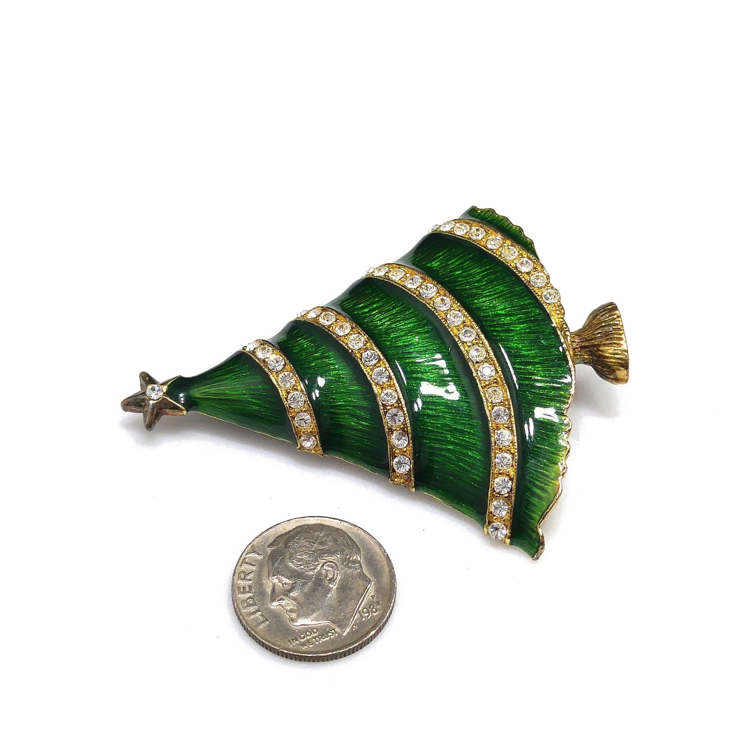 Eisenberg Ice Christmas Tree Brooch, Green Enamel, Gold Plate, 1960s Vintage Jewelry