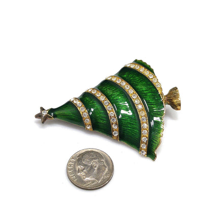 Eisenberg Ice Christmas Tree Brooch, Green Enamel, Gold Plate, 1960s Vintage Jewelry