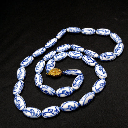 Hand Painted Blue Heron Birds Beaded Necklace, 1950s Vintage