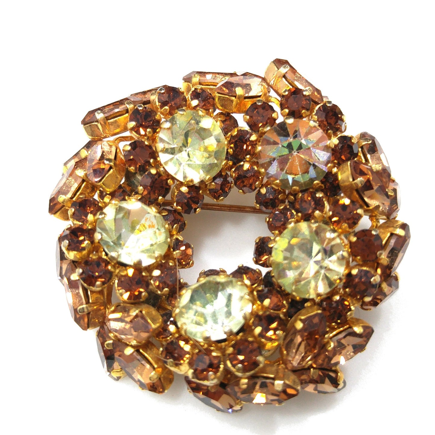 Schoffel Austria Topaz Jonquil Rhinestone Brooch & Earrings, Gold Plated, 1950s Vintage Jewelry
