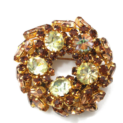 Schoffel Austria Topaz Jonquil Rhinestone Brooch & Earrings, Gold Plated, 1950s Vintage Jewelry