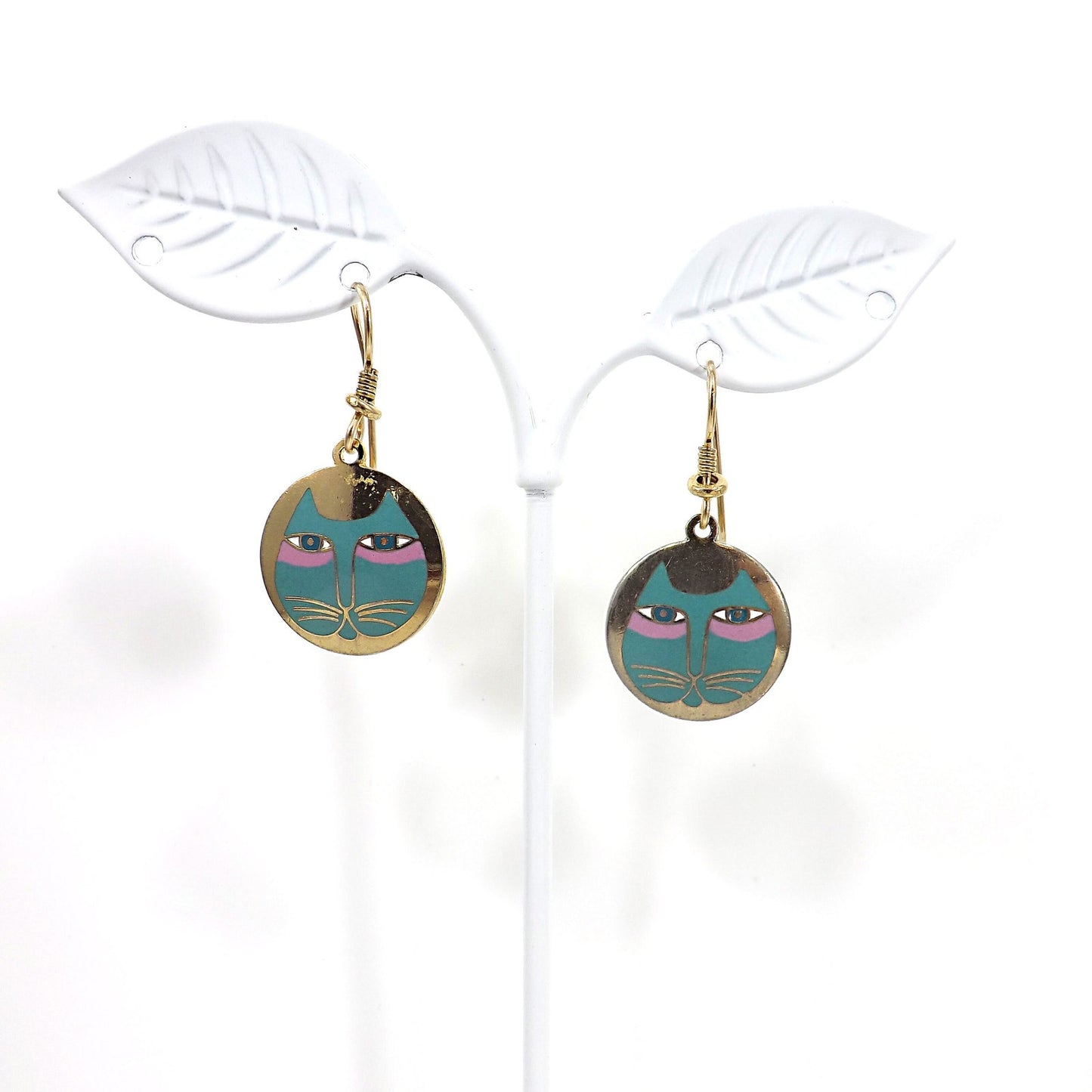 Vintage Laurel Burch "Moon Cat" Earrings, Teal Pink & Gold Cats