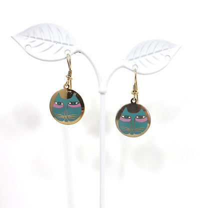 Vintage Laurel Burch "Moon Cat" Earrings, Teal Pink & Gold Cats