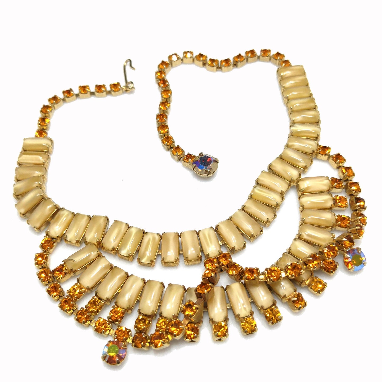 Vintage Weiss Festoon Topaz Rhinestone Necklace, Book Piece, Art Glass & Rhinestones
