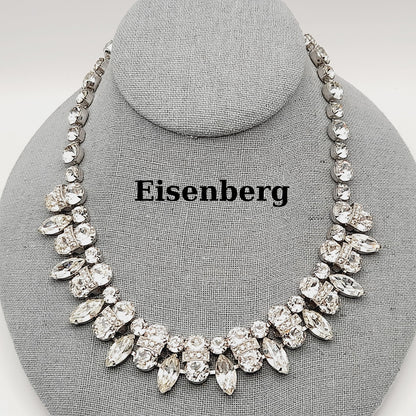 Eisenberg Clear Rhinestone Necklace Rhodium Plated 1950s Bridal Vintage