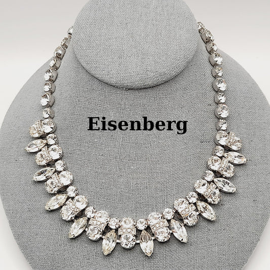 Eisenberg Clear Rhinestone Necklace Rhodium Plated 1950s Bridal Vintage