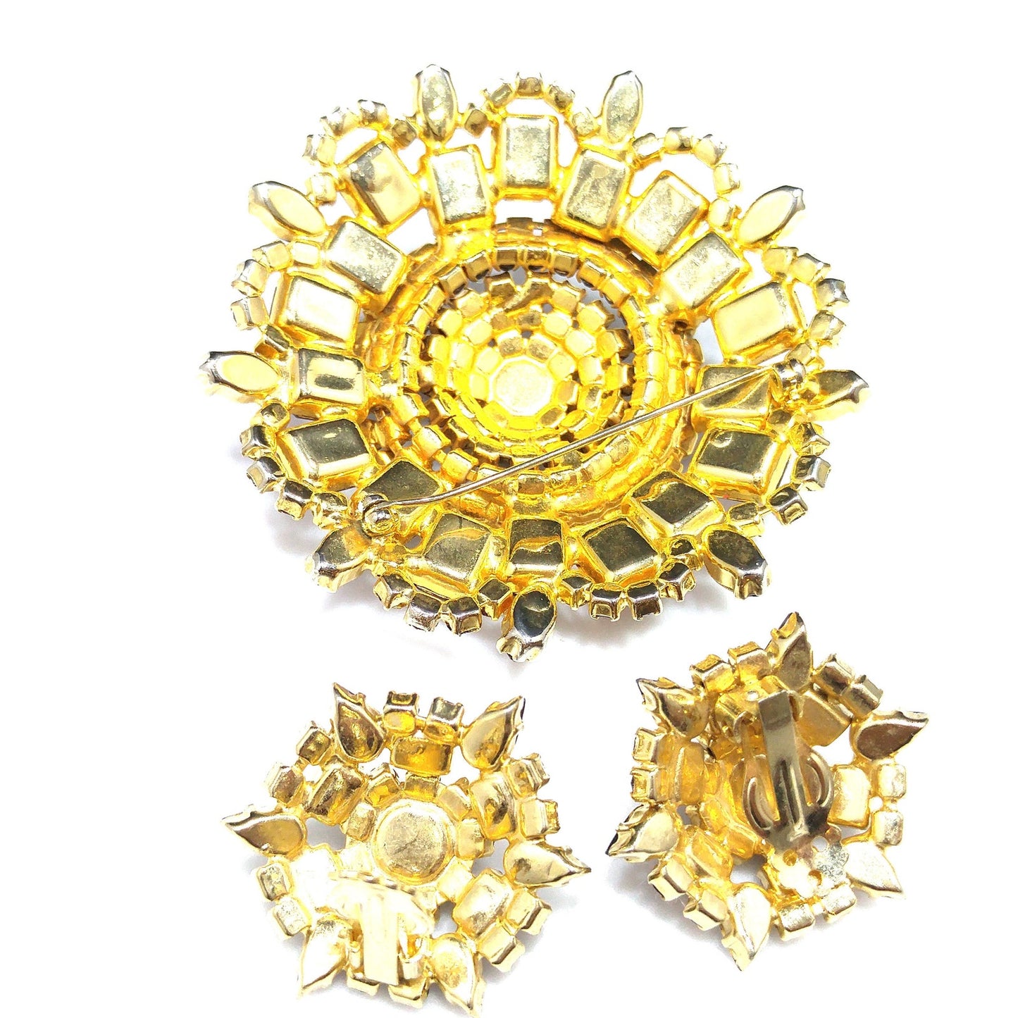 Large Purple Rhinestone Brooch & Clip Earrings, Gold Plated, 1960s Vintage