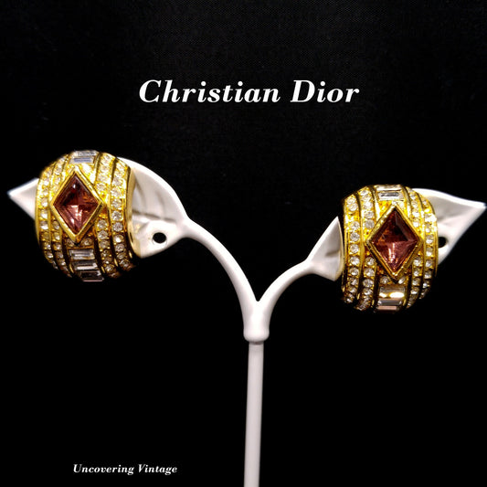 Vintage Christian Dior Earrings – 1980s Gold Plated Half Hoop Pave Rhinestone & Purple Crystal – Signed Chr. Dior Pat. 2733491