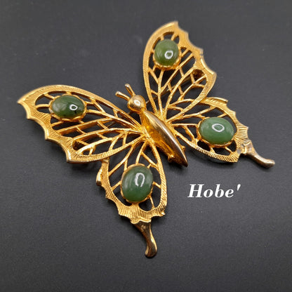Vintage Hobe’ Gold Butterfly Brooch with Green Gemstones – 1960s Jewelry