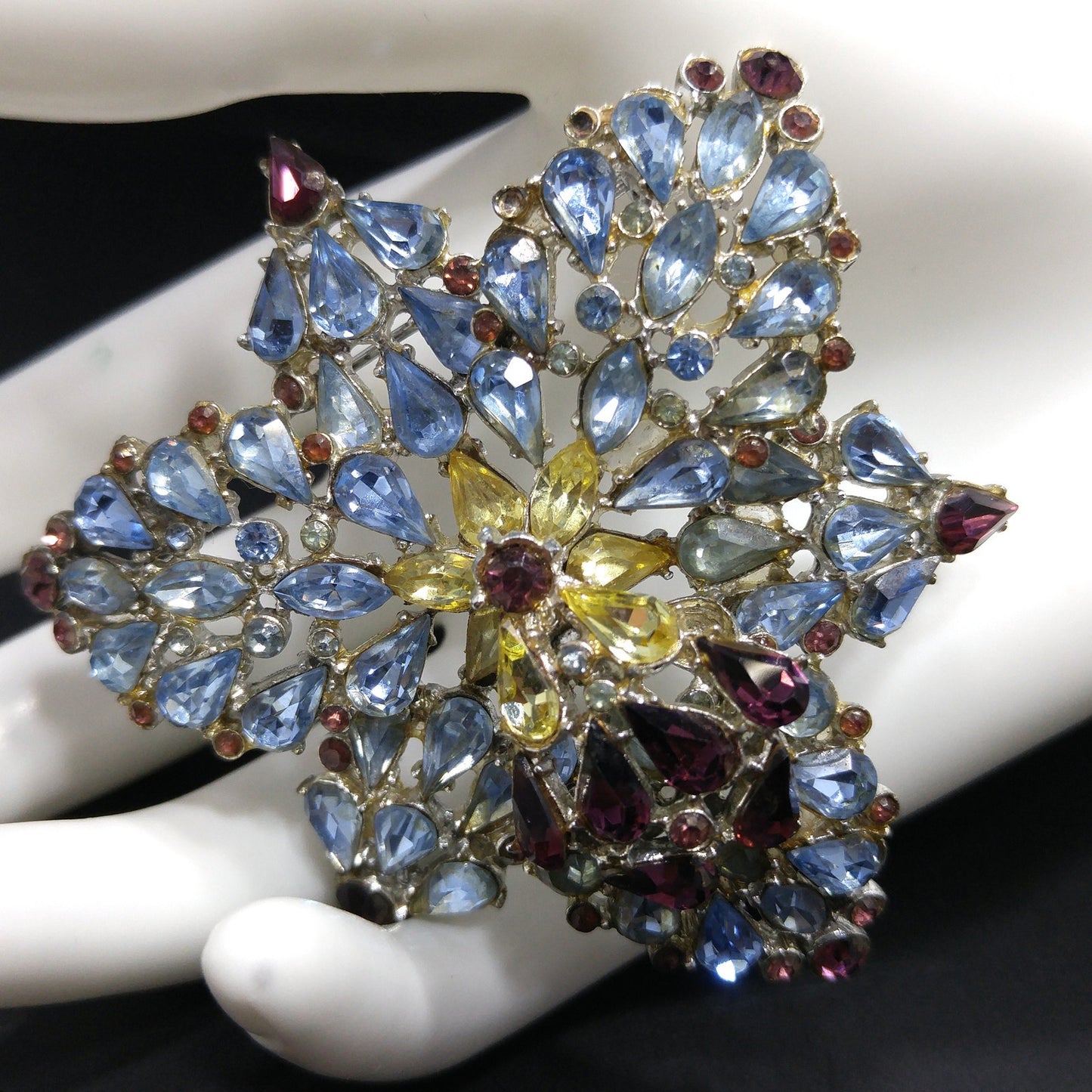 Mid Century Large Rhinestone Orchid Brooch, Light Blue Purple Rhinestones, 1960s Vintage Jewelry