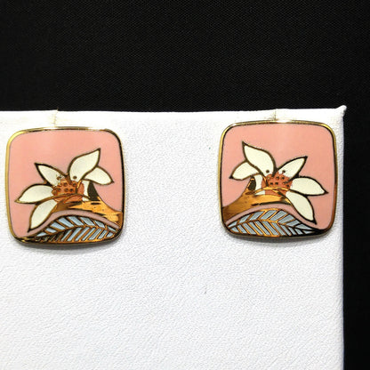 Vintage Laurel Burch "Wild Lily" Pink Post Earrings, Cloisonne Gold Plated