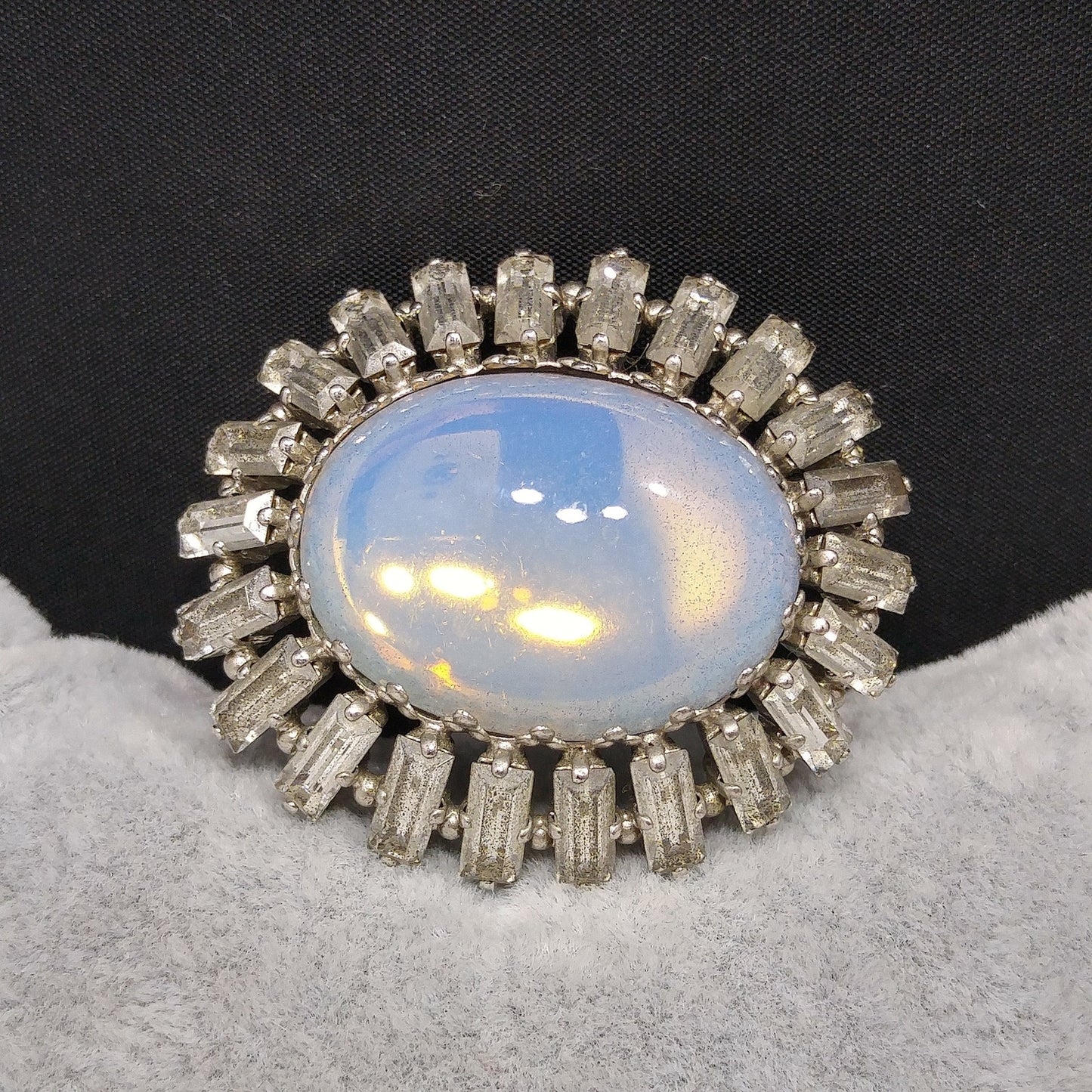 West Germany Faux Moonstone Brooch, Clear Baguettes, 1950s Vintage Jewelry