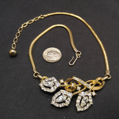 Crown Trifari Rhinestone Pendant Necklace, Snake Chain, 1950s Vintage Jewelry