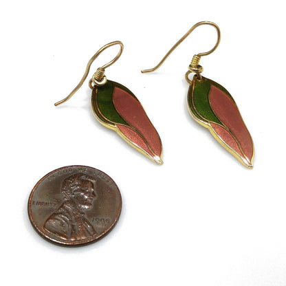 Laurel Burch "Barbee's Blossom" Earrings, Green & Dusty Pink, Gold Plated, 1980s