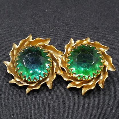 Mid-Century Green Rhinestone Two Flower Brooch, Gold Plated, 1950s Vintage Jewelry