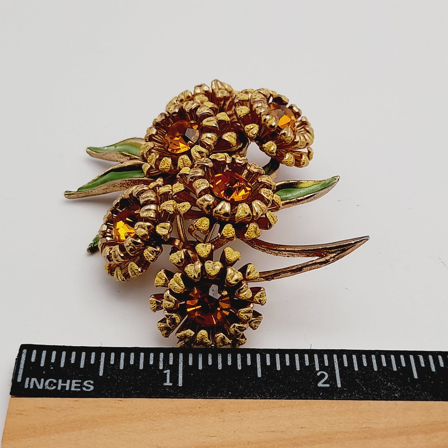 Vintage Weiss Sunflower Brooch Gold Tone Topaz Rhinestones Enamel 1950s
