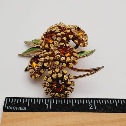 Vintage Weiss Sunflower Brooch Gold Tone Topaz Rhinestones Enamel 1950s