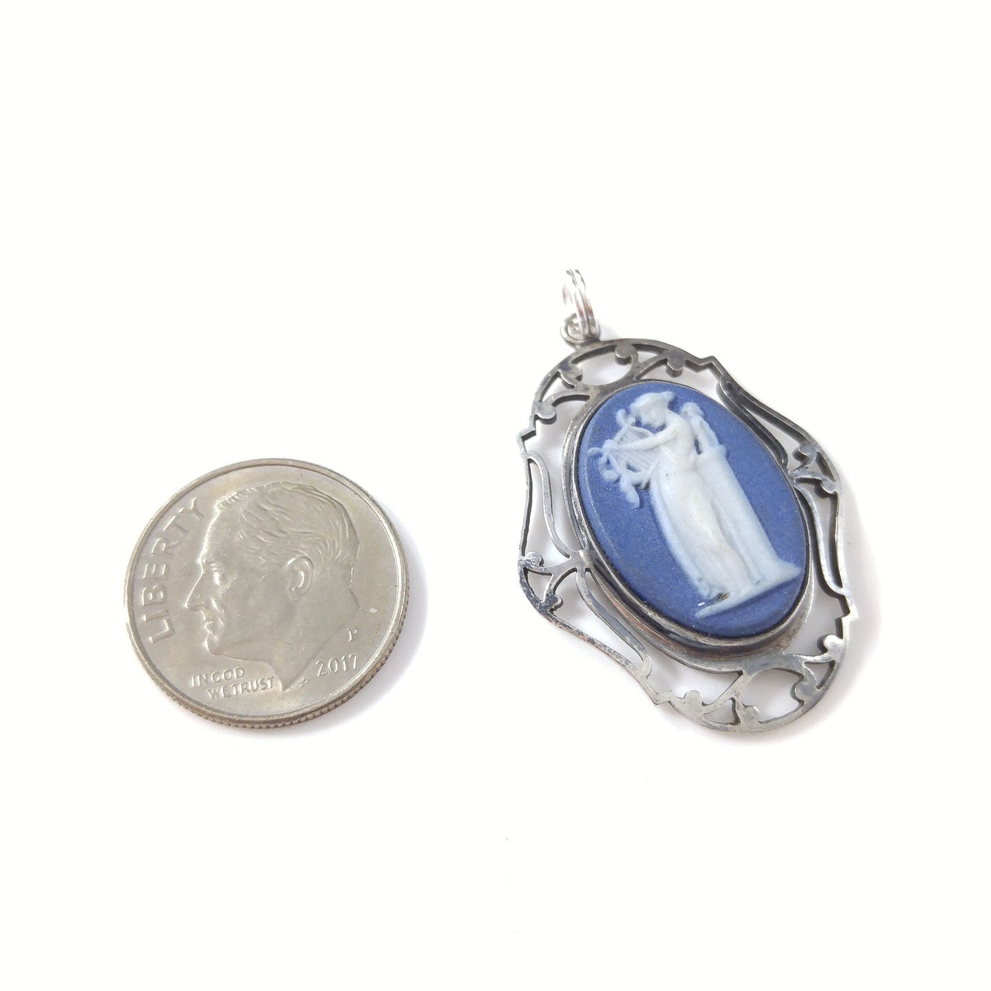 Antique Wedgwood Sterling Blue Jasperware Pendant Victorian Goddess England