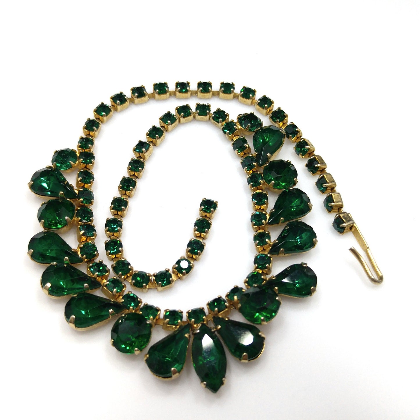 Vintage Emerald Green Rhinestone Choker Necklace, Gold Plated, 14 3/4 Inches, 1960s Vintage Jewelry