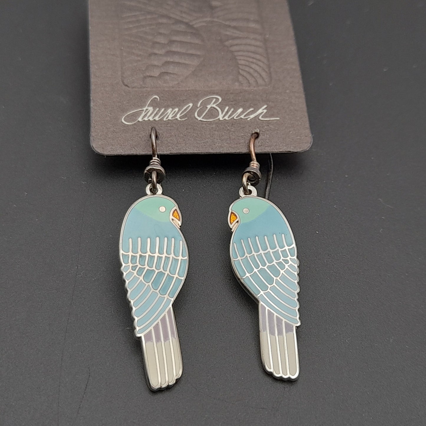 Vintage Laurel Burch Lorikeets Light Blue Enamel Rhodium Plated 1988 Earrings - Silver Plated Earwires - Original Card
