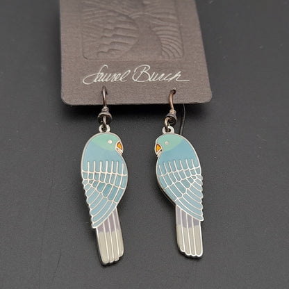 Vintage Laurel Burch Lorikeets Light Blue Enamel Rhodium Plated 1988 Earrings - Silver Plated Earwires - Original Card