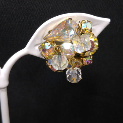 Kramer AB Rhinestone Brooch & Earrings, Dangling Crystal Beads, Gold Plated, 1960s Vintage Jewelry