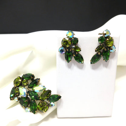 Green Crystal Rhinestone Brooch & Earrings, Aurora Borealis, 1960s Vintage Jewelry
