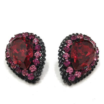 Made in Austria Red Pink Rhinestone Earrings, Japanned Black Metal, 1960s Vintage