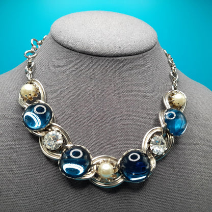 Vintage Blue Cabochon Choker Necklace, Faux Pearls, Clear Rhinestones, 1950s Vintage Jewelry