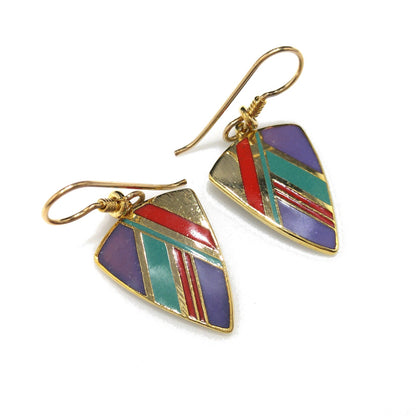 Vintage Laurel Burch Gold Plated Dangle Earrings, Enamel Teal Purple Red