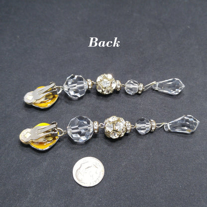 Vintage Diane Lauren Long Crystal Drop Earrings 1980s Clip On Runway Signed