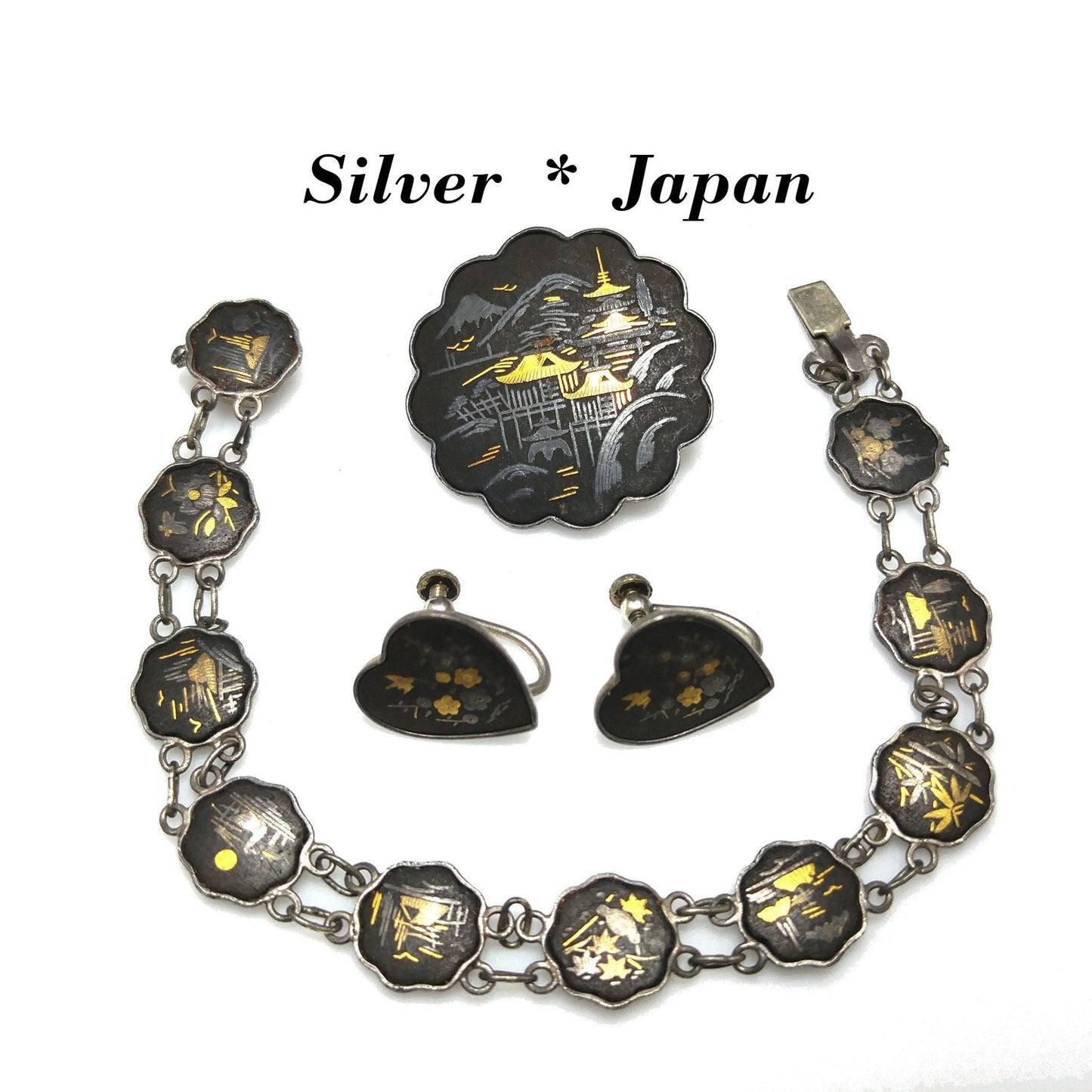 Japanese Damascene Silver Jewelry, Bracelet Brooch Earrings, 1940s Vintage Jewelry