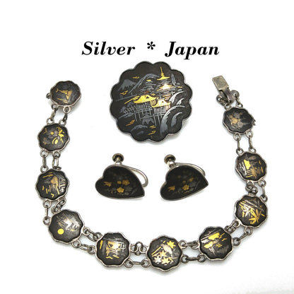 Japanese Damascene Silver Jewelry, Bracelet Brooch Earrings, 1940s Vintage Jewelry