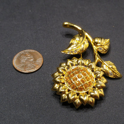 Savvy by Swarovski Sunflower Brooch, Gold Plated Crystal Flower Pin, 1990s Vintage Jewelry