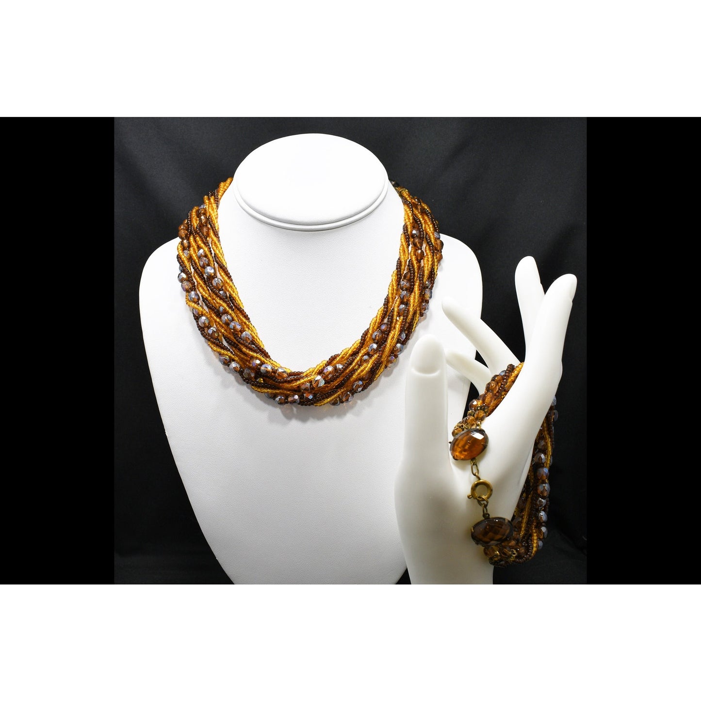 Vintage Czech Beaded Necklace & Bracelet Set, Topaz Fire Polished Beads, 1950s